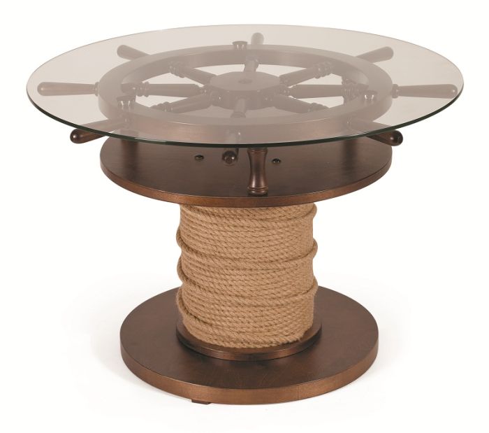 Coffee table Steering wheel 001868, dark brown color, materials glass, MDF, veneer, jute rope